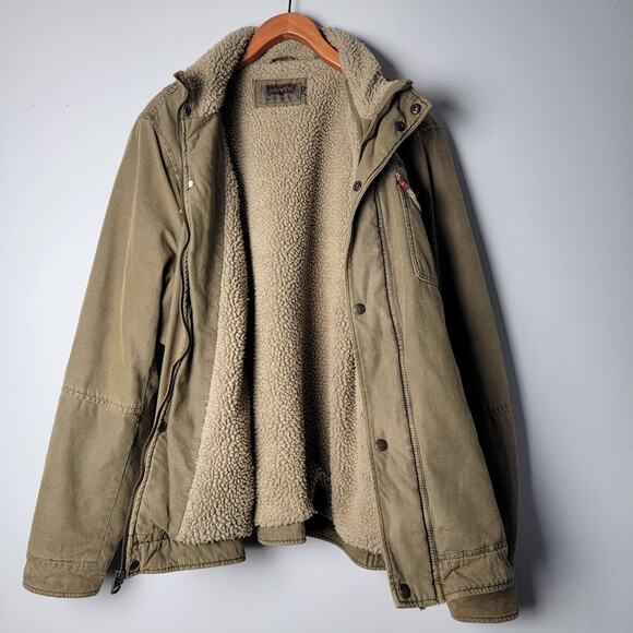 Levi's Sherpa Lined Utility Jacket Men's XL Khaki Green Canvas Zip Outdoor Coat - Picture 2 of 14